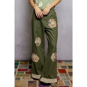 "Truckee" Denim Twill Patchwork Pants in Olive Green